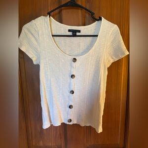 American Eagle Outfitters Cream Short Sleeve Button-Down Crop Top
